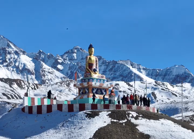 Aerial view of Buddha statue at Langza village in Spiti Valley Himachal Pradesh India
