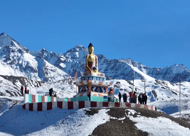 Aerial view of Buddha statue at Langza village in Spiti Valley Himachal Pradesh India