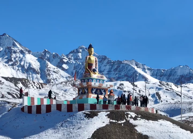 Aerial view of Buddha statue at Langza village in Spiti Valley Himachal Pradesh India