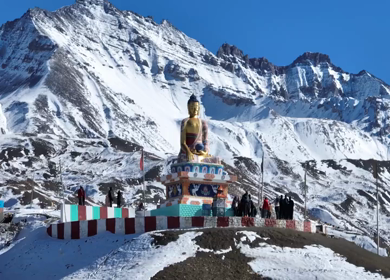 Aerial view of Buddha statue at Langza village in Spiti Valley Himachal Pradesh India