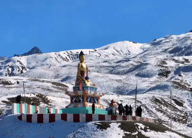 Aerial view of Buddha statue at Langza village in Spiti Valley Himachal Pradesh India