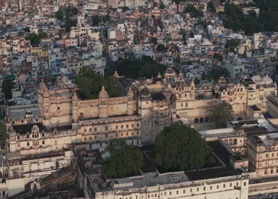 Aerial view of City Palace and Lake Pichola in Udaipur Rajasthan India
