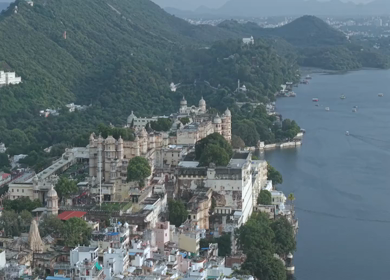Aerial view of City Palace and Lake Pichola in Udaipur Rajasthan India