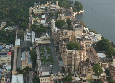 Aerial view of City Palace and Lake Pichola in Udaipur Rajasthan India