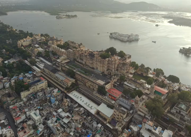 Aerial view of City Palace and Lake Pichola in Udaipur Rajasthan India