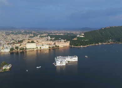 Aerial view of City Palace and Lake Pichola in Udaipur Rajasthan India