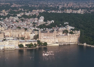 Aerial view of City Palace and Lake Pichola in Udaipur Rajasthan India
