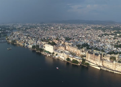 Aerial view of City Palace and Lake Pichola in Udaipur Rajasthan India