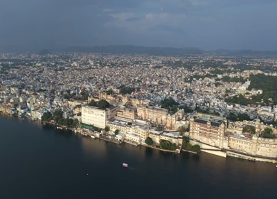 Aerial view of City Palace and Lake Pichola in Udaipur Rajasthan India