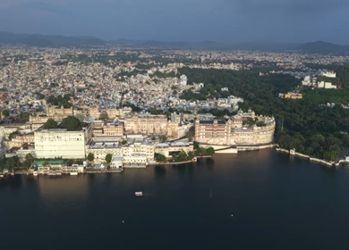 Aerial view of City Palace and Lake Pichola in Udaipur Rajasthan India