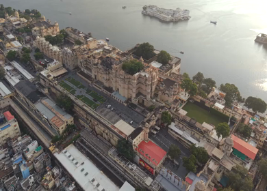 Aerial view of City Palace and Lake Pichola in Udaipur Rajasthan India