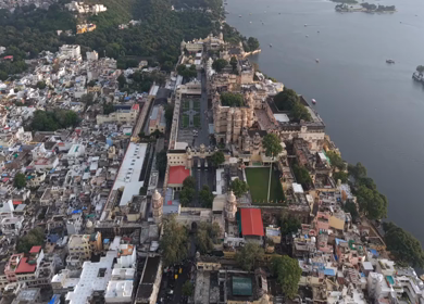Aerial view of City Palace and Lake Pichola in Udaipur Rajasthan India