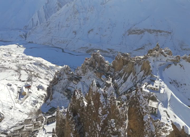 Aerial view of Dhankar Monastery in Spiti Valley Himachal Pradesh India