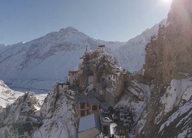 Aerial view of Dhankar Monastery in Spiti Valley Himachal Pradesh India