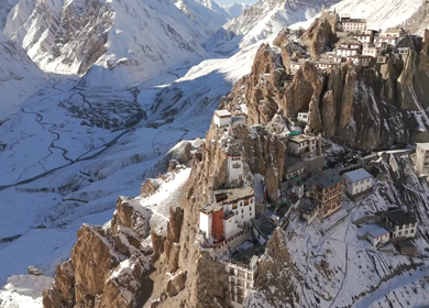 Aerial view of Dhankar Monastery in Spiti Valley Himachal Pradesh India