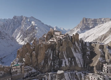 Aerial view of Dhankar Monastery in Spiti Valley Himachal Pradesh India