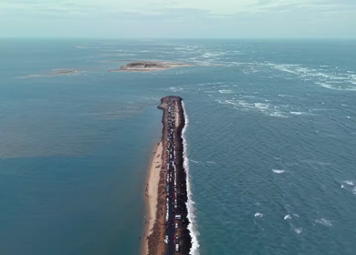 Aerial view of Dhanushkodi beach road and coastline in Tamil Nadu India