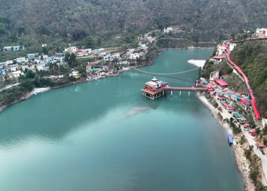 Aerial view of Dhari Devi Temple on Alaknanda River Uttarakhand India