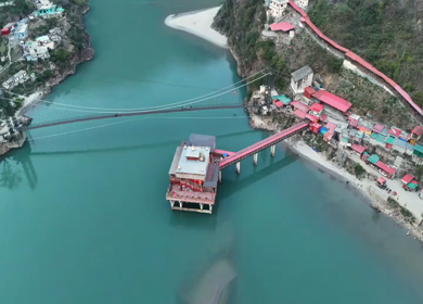 Aerial view of Dhari Devi Temple on Alaknanda River Uttarakhand India