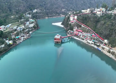 Aerial view of Dhari Devi Temple on Alaknanda River Uttarakhand India