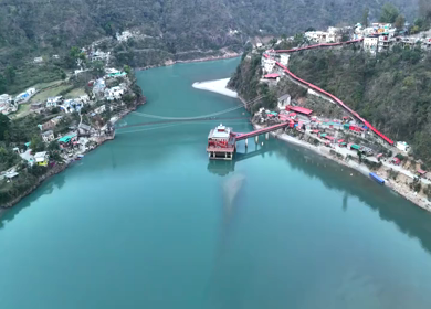 Aerial view of Dhari Devi Temple on Alaknanda River Uttarakhand India