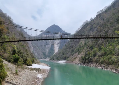 Aerial view of Kaudiyala hanging bridge over Ganga river near Rishikesh India