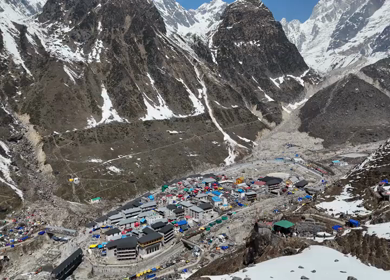 Aerial view of Kedarnath Temple in Uttarakhand India