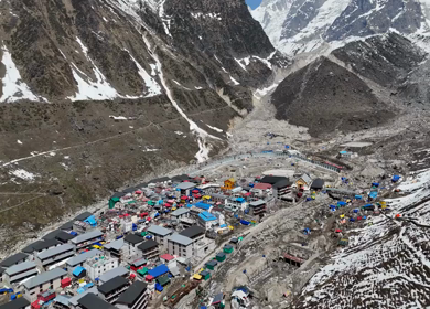 Aerial view of Kedarnath Temple in Uttarakhand India