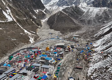 Aerial view of Kedarnath Temple in Uttarakhand India
