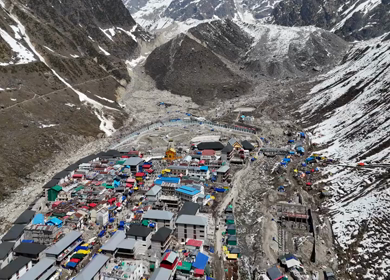 Aerial view of Kedarnath Temple in Uttarakhand India