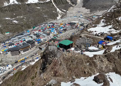 Aerial view of Kedarnath Temple in Uttarakhand India