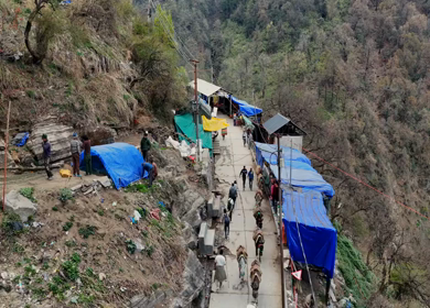 Aerial drone view of Kedarnath trek route in Uttarakhand India