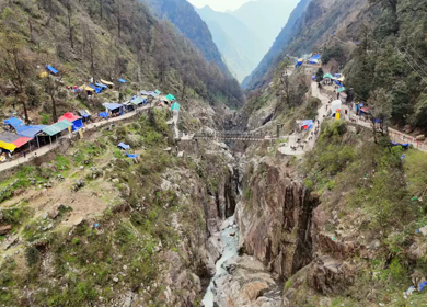 Aerial drone view of Kedarnath trek route in Uttarakhand India