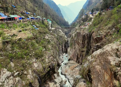 Aerial drone view of Kedarnath trek route in Uttarakhand India