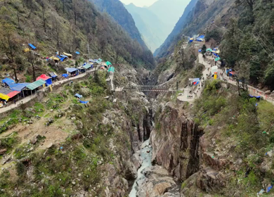 Aerial drone view of Kedarnath trek route in Uttarakhand India