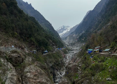 Aerial drone view of Kedarnath trek route in Uttarakhand India
