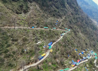 Aerial drone view of Kedarnath trek route in Uttarakhand India
