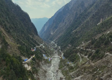 Aerial drone view of Kedarnath trek route in Uttarakhand India