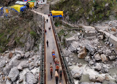 Aerial drone view of Kedarnath trek route in Uttarakhand India