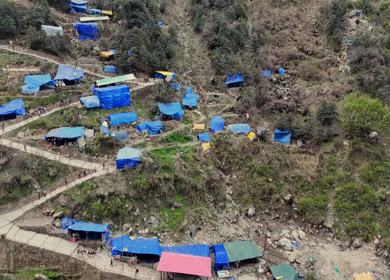 Aerial drone view of Kedarnath trek route in Uttarakhand India