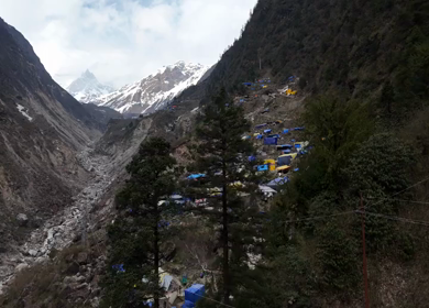 Aerial drone view of Kedarnath trek route in Uttarakhand India