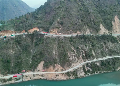 Aerial drone view of Kedarnath trek route in Uttarakhand India