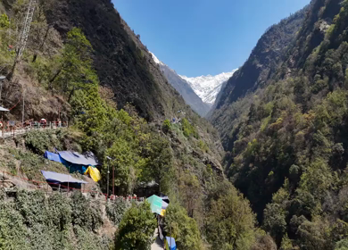 Aerial drone view of Kedarnath trek route in Uttarakhand India