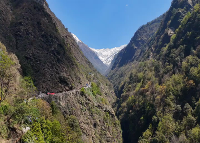 Aerial drone view of Kedarnath trek route in Uttarakhand India