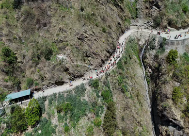 Aerial drone view of Kedarnath trek route in Uttarakhand India
