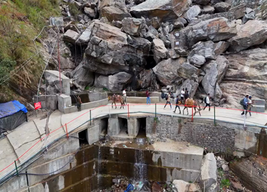 Aerial drone view of Kedarnath trek route in Uttarakhand India