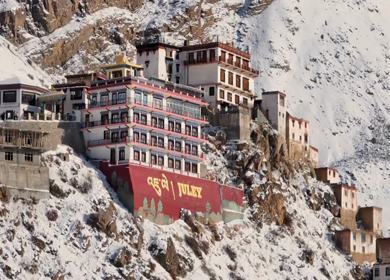 Aerial view of Key Monastery in Spiti Valley Himachal Pradesh India