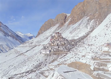 Aerial view of Key Monastery in Spiti Valley Himachal Pradesh India