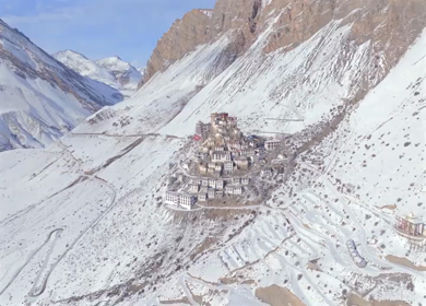 Aerial view of Key Monastery in Spiti Valley Himachal Pradesh India