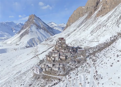 Aerial view of Key Monastery in Spiti Valley Himachal Pradesh India